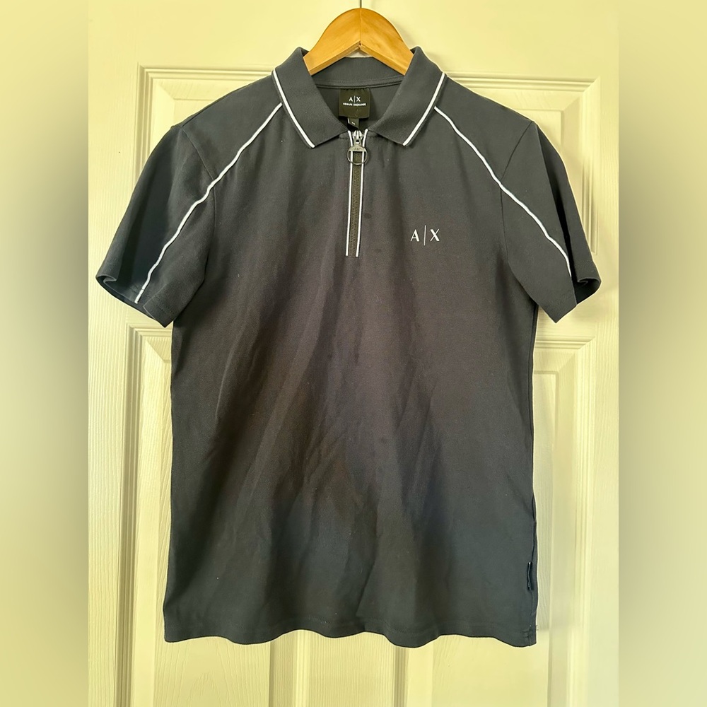 A/X Armani Exchange Men's Navy Polo with White Piping and Front Zip